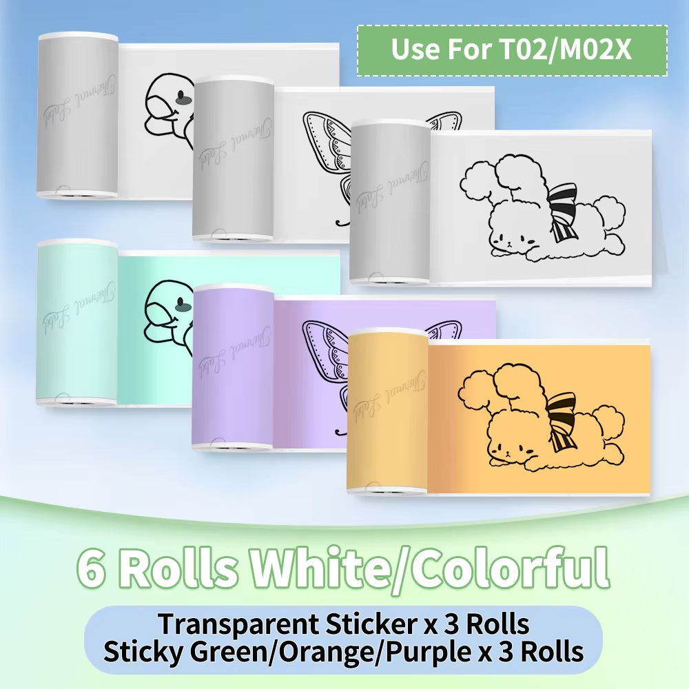 T02/M02X Colorful Thermal Sticker Paper Roll Self-Adhesive Black Character on Mint Green/Purple/Orange,50Mm X 3.5M