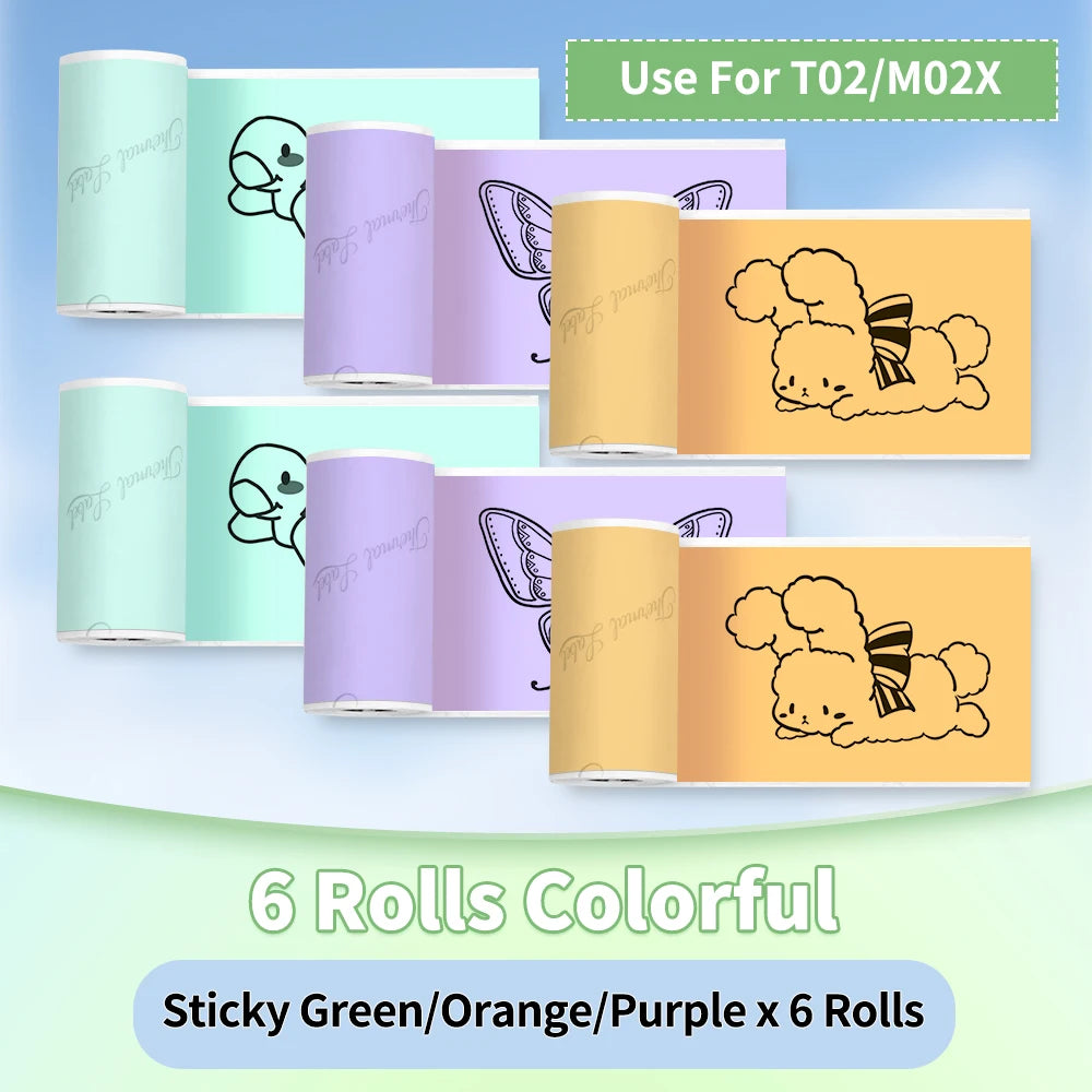 T02/M02X Colorful Thermal Sticker Paper Roll Self-Adhesive Black Character on Mint Green/Purple/Orange,50Mm X 3.5M