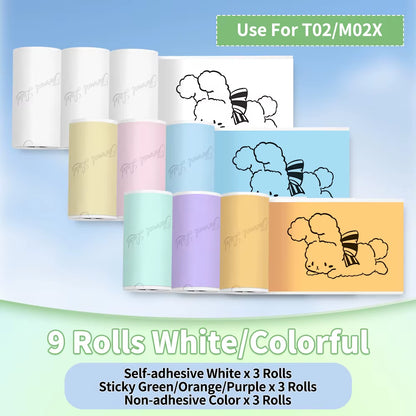 T02/M02X Colorful Thermal Sticker Paper Roll Self-Adhesive Black Character on Mint Green/Purple/Orange,50Mm X 3.5M