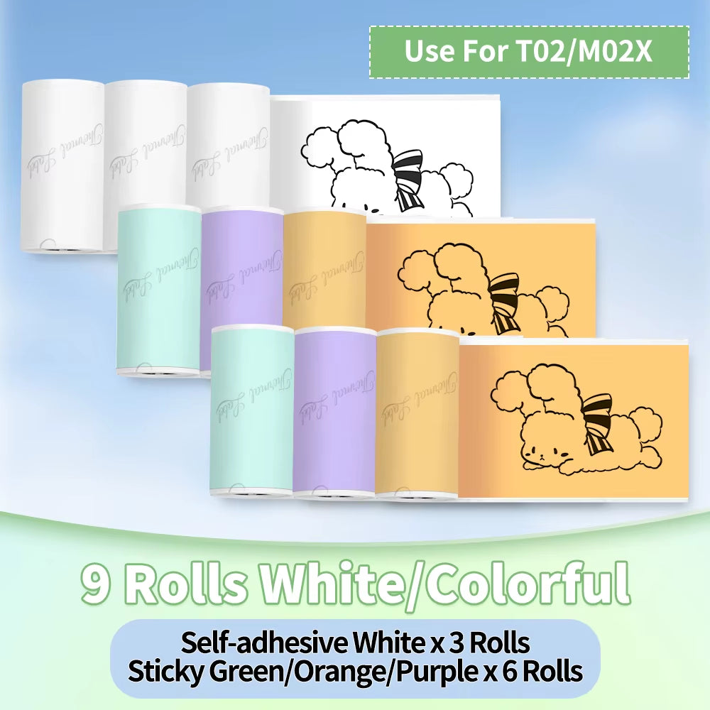 T02/M02X Colorful Thermal Sticker Paper Roll Self-Adhesive Black Character on Mint Green/Purple/Orange,50Mm X 3.5M