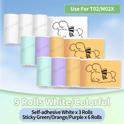 T02/M02X Colorful Thermal Sticker Paper Roll Self-Adhesive Black Character on Mint Green/Purple/Orange,50Mm X 3.5M