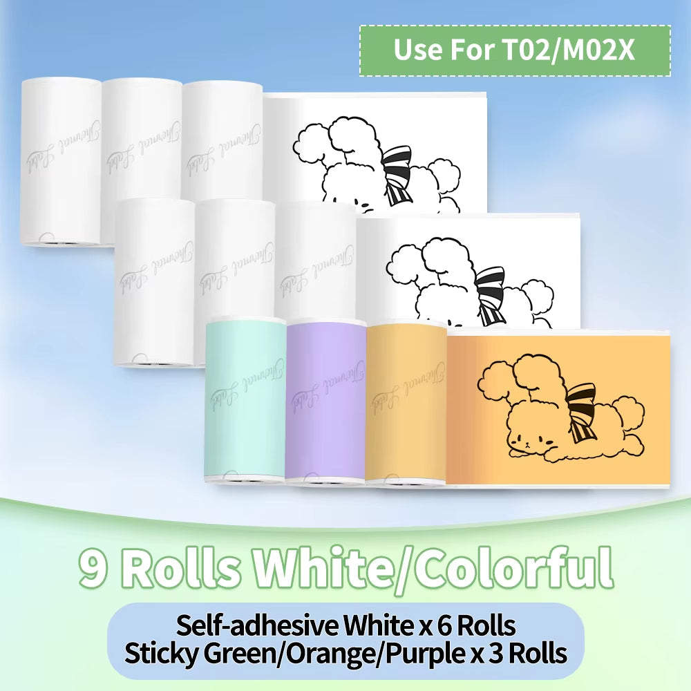 T02/M02X Colorful Thermal Sticker Paper Roll Self-Adhesive Black Character on Mint Green/Purple/Orange,50Mm X 3.5M